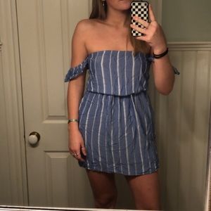 blue and white striped off the shoulder dress